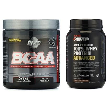 Picture of GNC Amp Gold 100% Whey Protein Advanced Chocolate Powder with (NDS) PMD BCAA Powder Watermelon