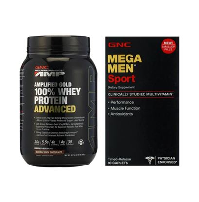Picture of GNC Amp Gold 100% Whey Protein Advanced Chocolate Powder with Mega Men Sports Caplets