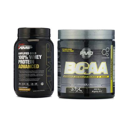 Picture of GNC Amp Gold 100% Whey Protein Advanced Vanilla Powder with GNC (NDS) PMD BCAA Powder Lemonade