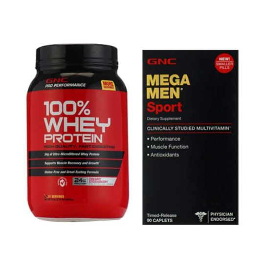 Picture of GNC PP 100% Whey Protein Strawberry Powder with Mega Men Sports Caplets