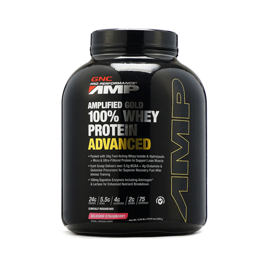 Picture of GNC Pro Performance AMP Amplified Gold 100% Whey Protein Advanced Powder Delicious Strawberry