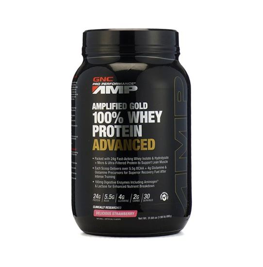 Picture of GNC Pro Performance AMP Amplified Gold 100% Whey Protein Advanced Powder Delicious Strawberry