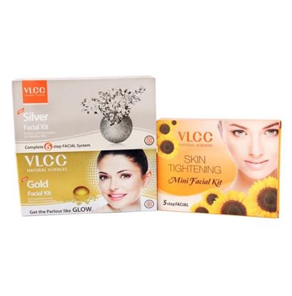 Picture of VLCC Combo of Gold Facial Kit (50gm), Silver Facial Kit (60gm) and Skin Tightening Mini Facial Kit (25gm)