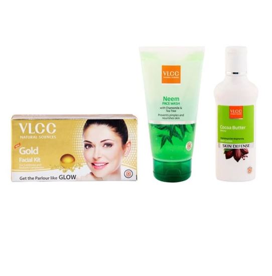 Picture of VLCC Combo of Gold Facial Kit (60gm), Neem Face Wash (150ml) and Cocoa Butter Body Lotion (100ml)