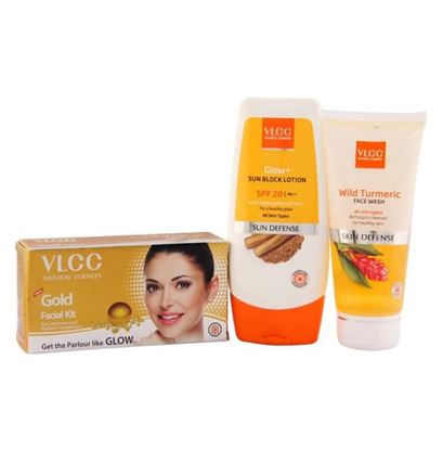 Picture of VLCC Combo of Gold Facial Kit (60gm), Sun Block Lotion (100gm) and Wild Turmeric Face Wash (80ml)