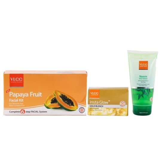 Picture of VLCC Combo of Papaya Fruit Facial Kit (60gm), Insta Glow Gold Bleach (60gm) and Neem Face Wash (150ml)