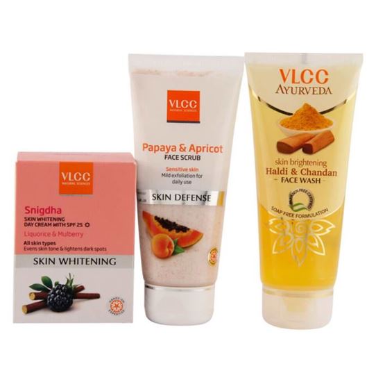 Picture of VLCC Combo of Snigdha Day Cream (50gm), Papaya & Apricot Face Scrub (80gm) and Haldi Chandan Face Wash (100ml)