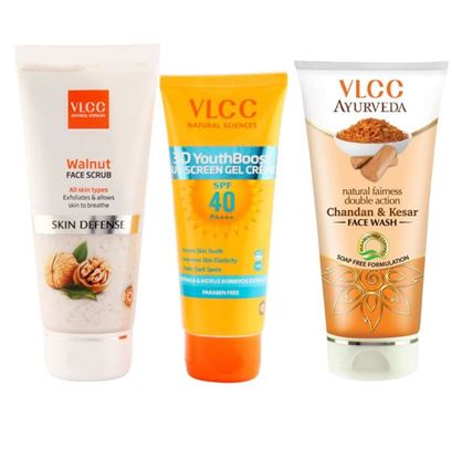 Picture of VLCC Combo of Walnut Face Scrub, 3D Youthboost Sun Screen Gel Creme & Chandan Kesar Face Wash