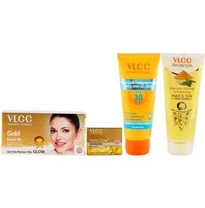 Picture of VLCC Gold Facial Kit, Insta Glow Gold Bleach, Sun Screen Gel & Haldi Tulsi Face Wash Combo (240g)