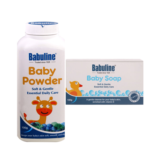 Picture of Babuline Combo Pack of Baby Powder 100gm (Pack of 2) & Baby Soap Travel 100gm (Pack of 2)
