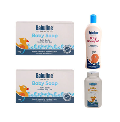 Picture of Babuline Combo Pack of Baby Soap 100gm (Pack of 2) & Baby Shampoo 200ml with Free Powder 50gm for Baby